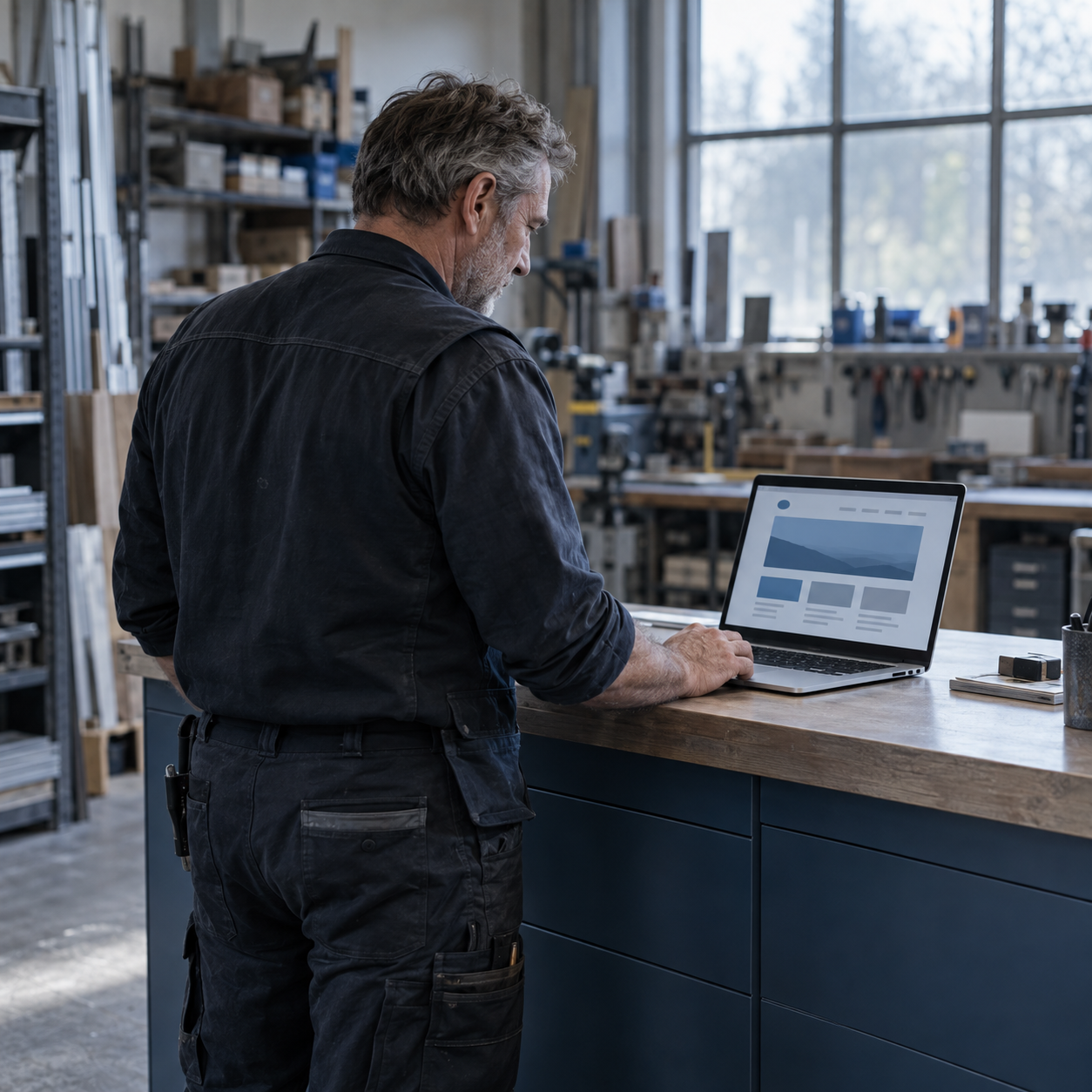 Handwerker steht am Tresen seiner Werkstatt und sieht auf einen Laptop mit einer Webseite