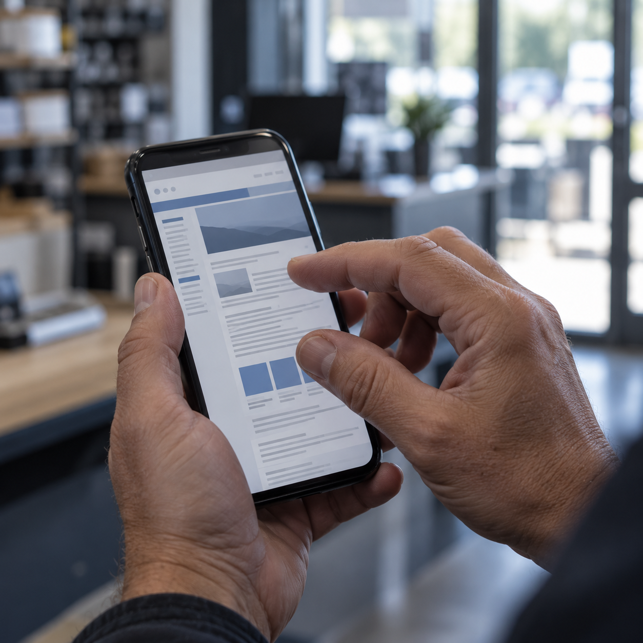 Hand hält ein Smartphone mit einer geöffneten Webseite in einem Ladenlokal