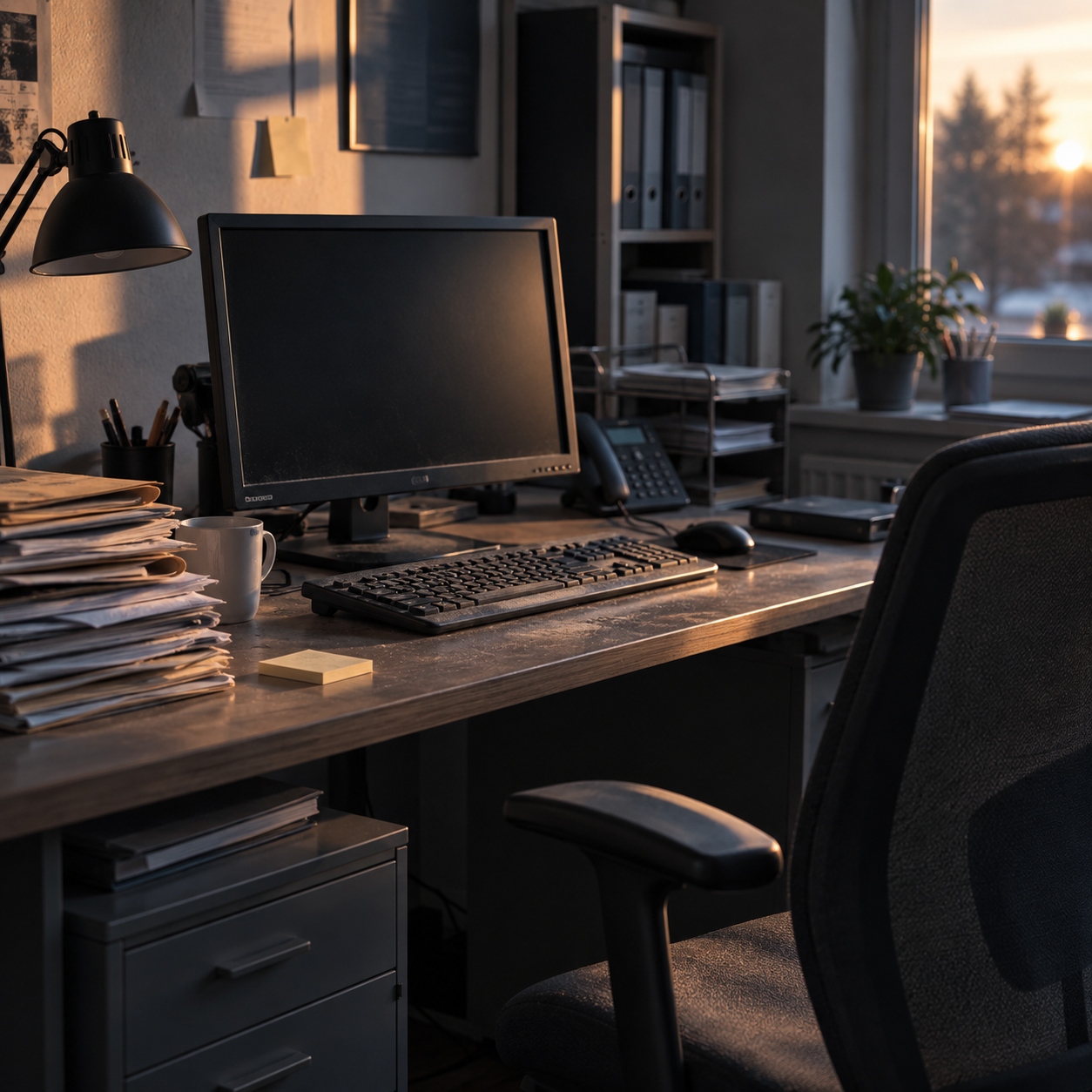 Verwaister Büroarbeitsplatz mit ausgeschaltetem Monitor im Abendlicht